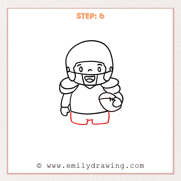 how to draw a football player - A cute football player drawing holding a football, now with simple shorts and two separated pant legs added beneath the jersey.